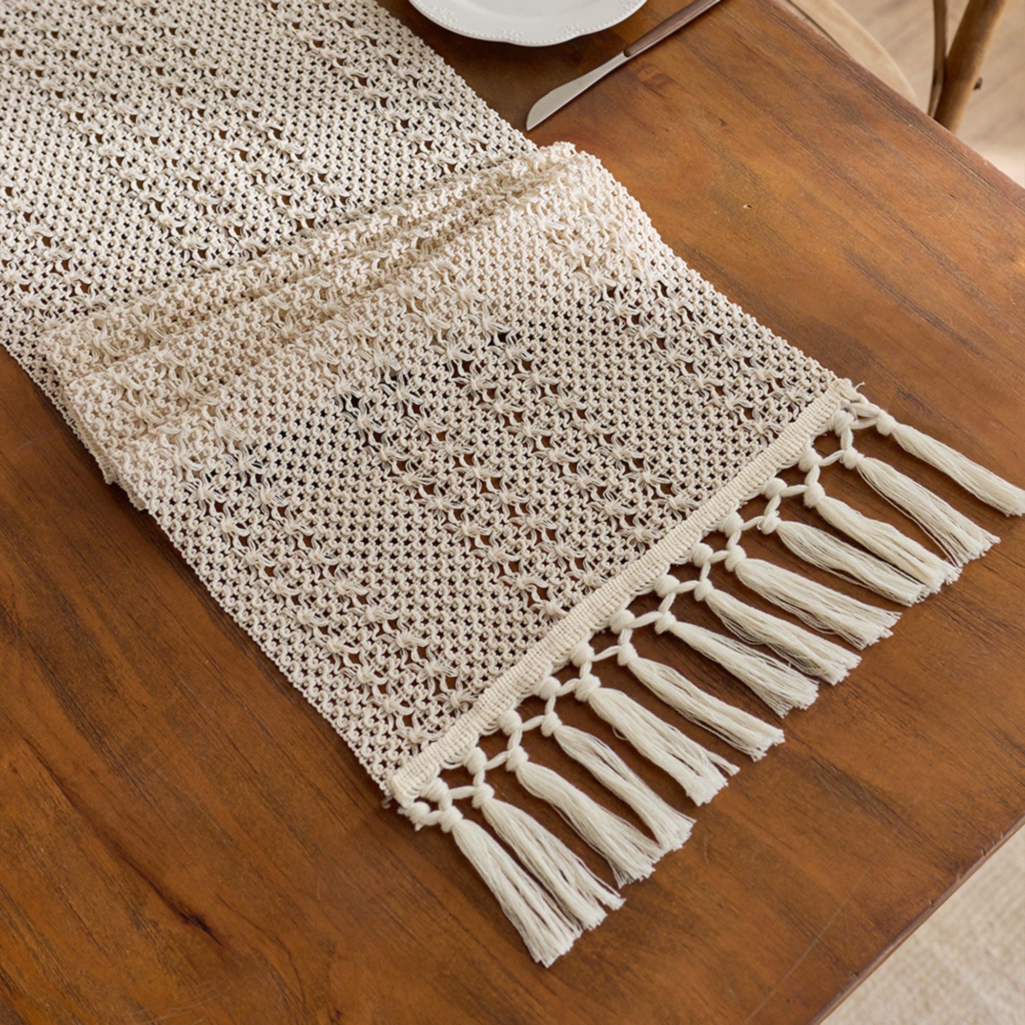 Textured Woven Table Runner with Fringe Edges and Bohemian Stripe Pattern 47x11.8 in