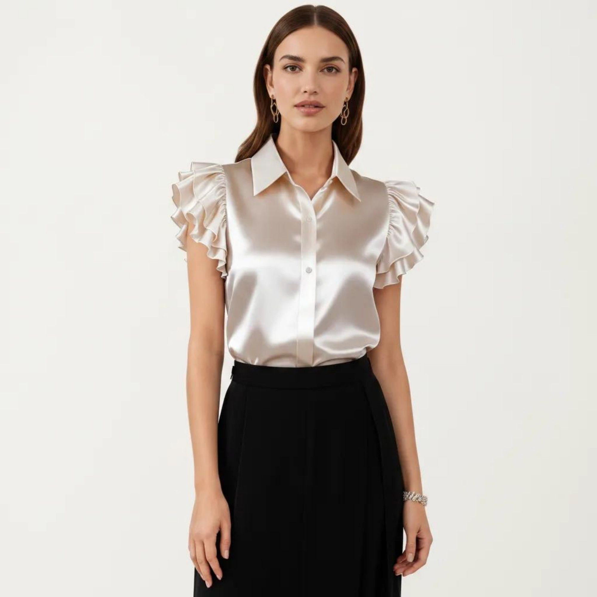 Anna-Kaci Women's Satin Button Down Blouse with Ruffle Sleeves and Collared Neckline