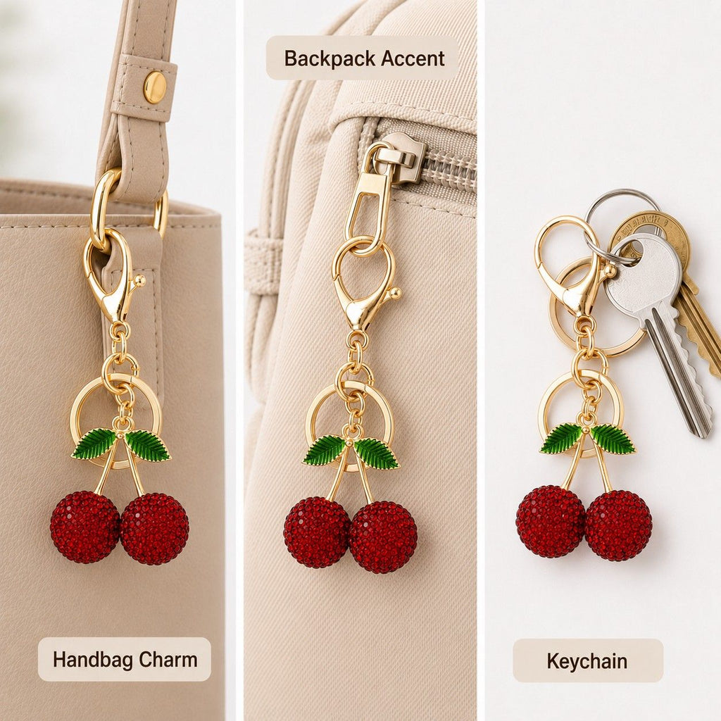 Rhinestone Cherry Bag Charm Keychain with Gold-Tone Lobster Clasp