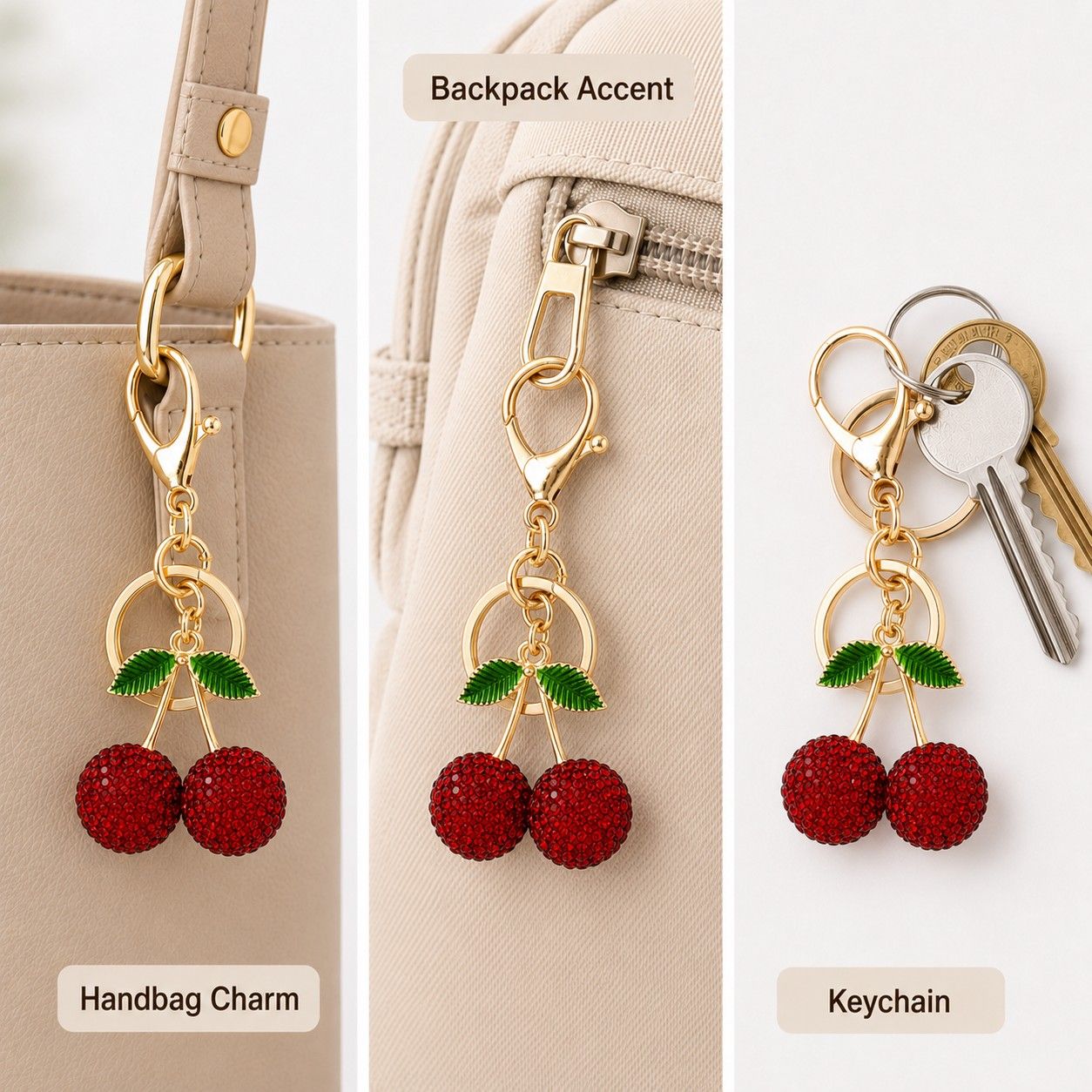 Rhinestone Cherry Bag Charm Keychain with Gold-Tone Lobster Clasp