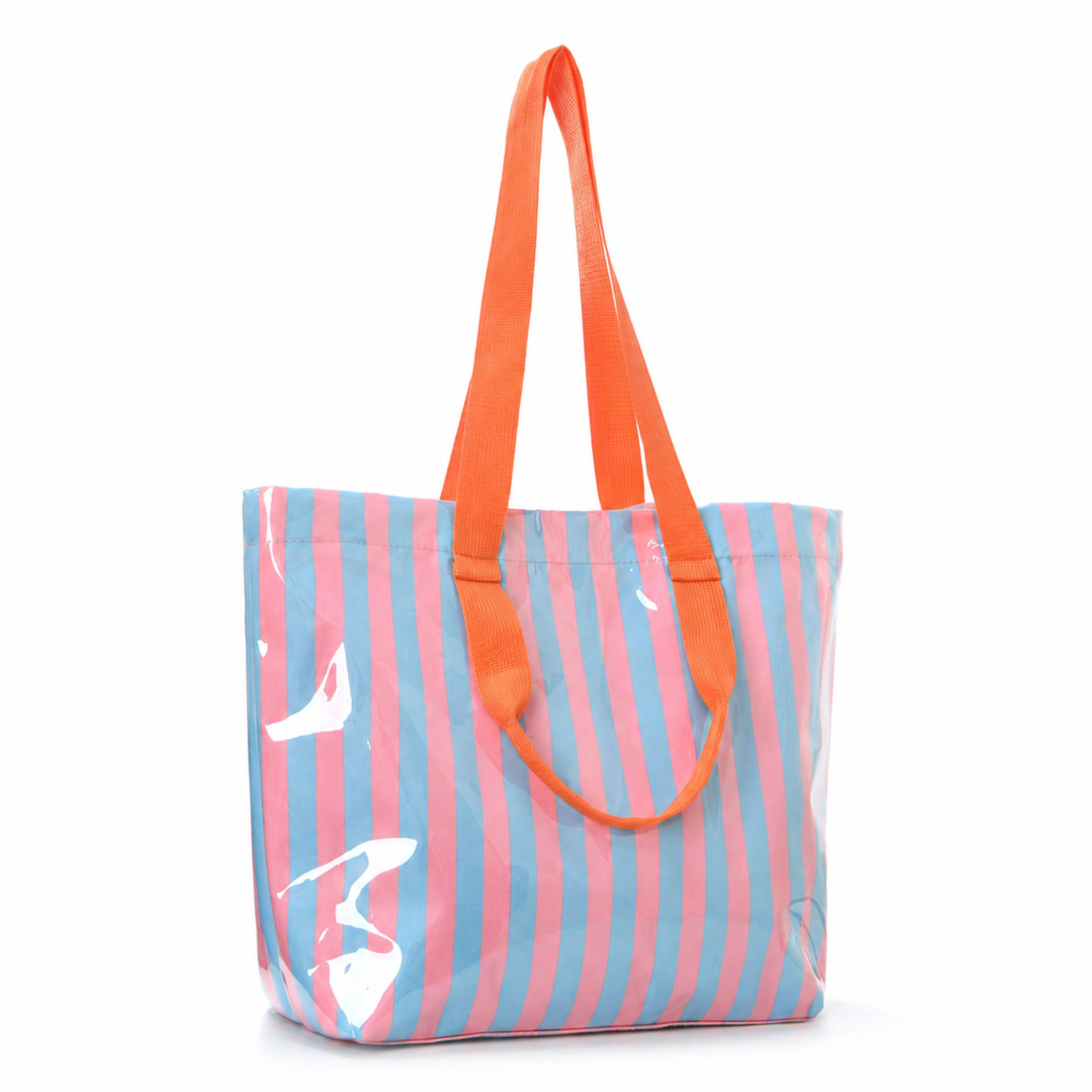 Striped PVC Beach Tote Bag with Magnetic Closure and Zip Pocket