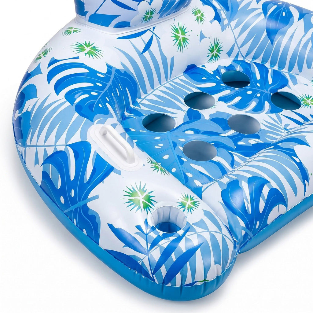 Inflatable Pool Lounger with Tropical Leaf Print and Cup Holders