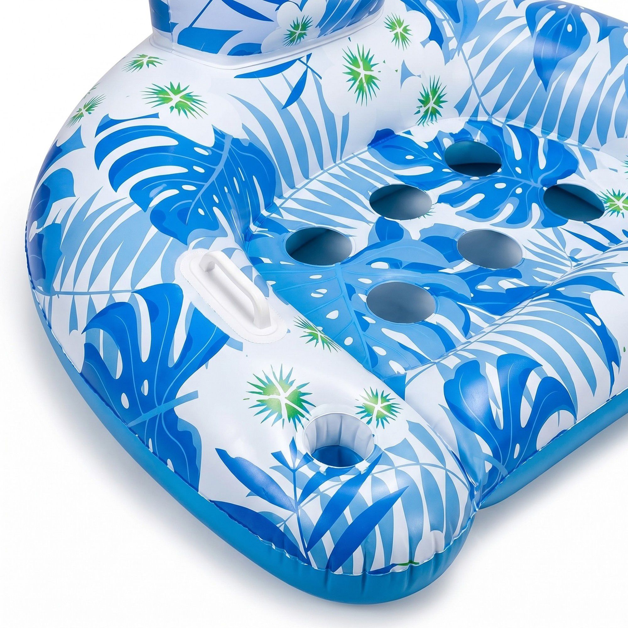 Inflatable Pool Lounger with Tropical Leaf Print and Cup Holders