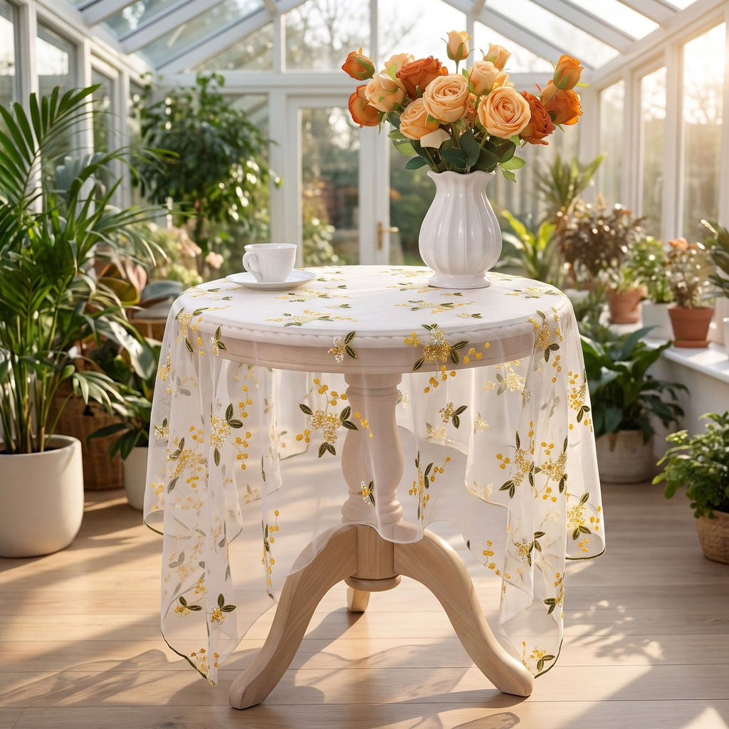 Sheer Floral Embroidered Rectangular Tablecloth 59.1x39.4in
