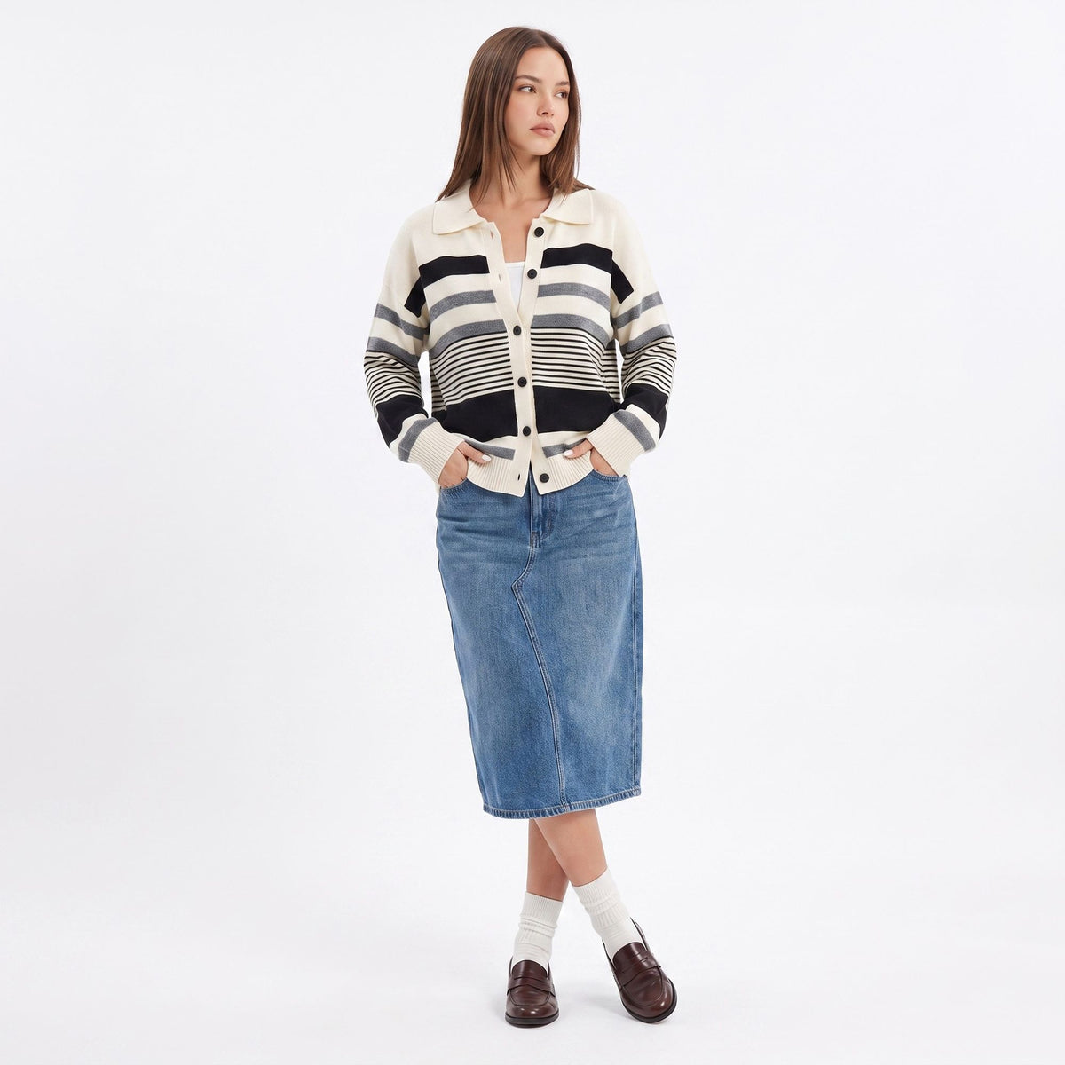 Striped Collared Button Front Knit Cardigan Sweater