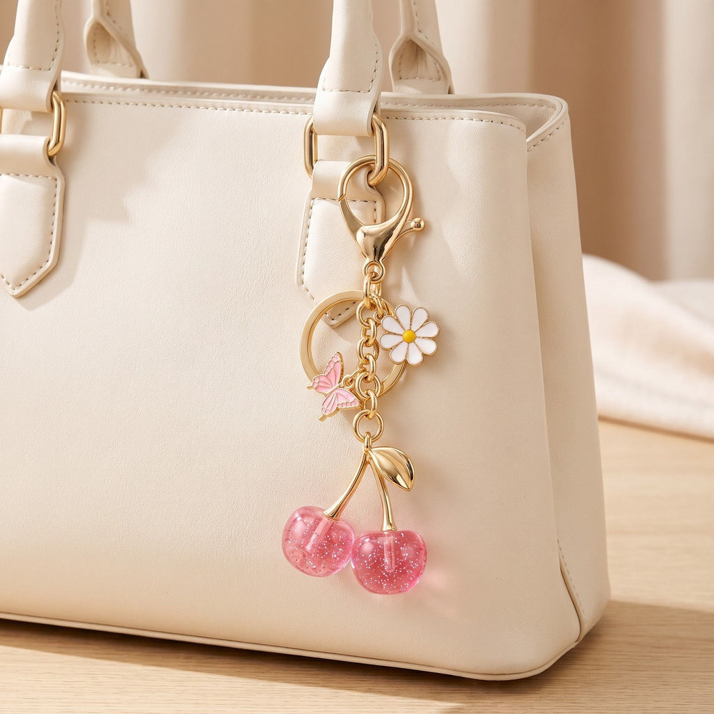 Cherry Bag Charm Keychain with Daisy and Butterfly Accents and Gold-Tone Clip