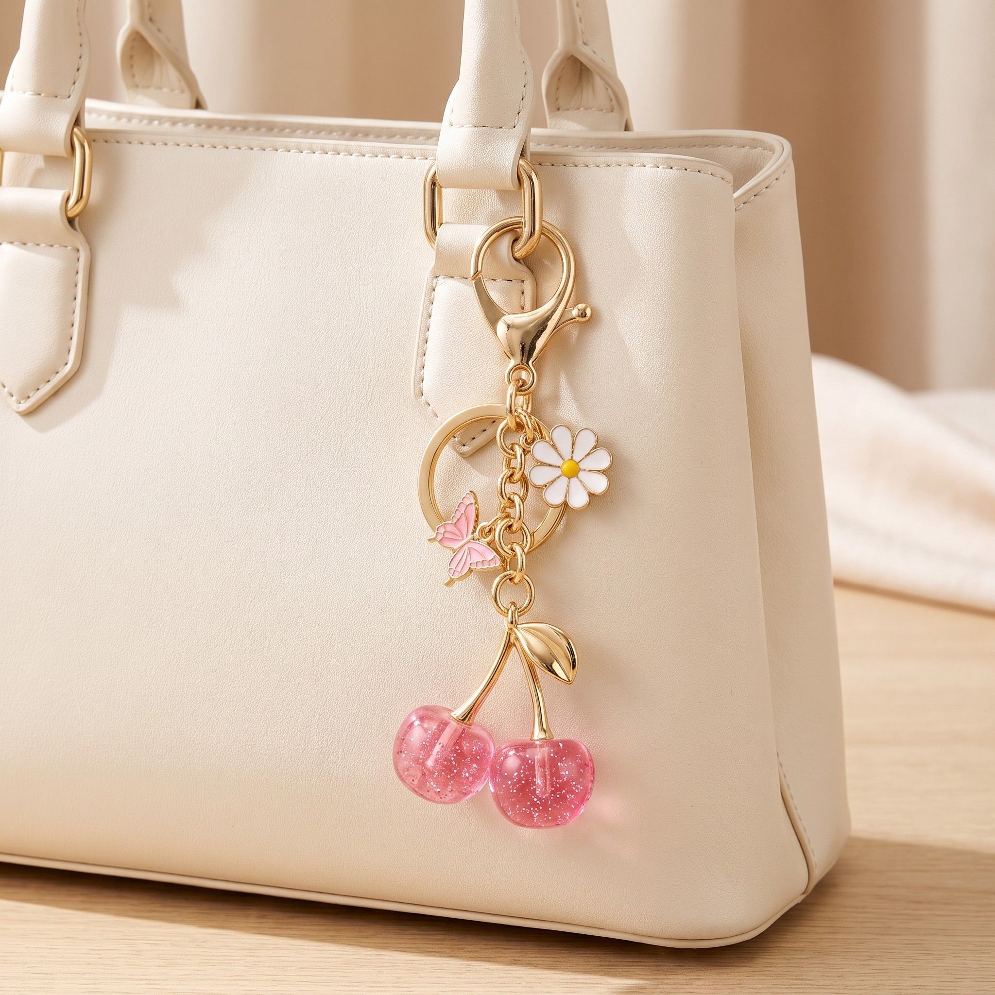 Cherry Bag Charm Keychain with Daisy and Butterfly Accents and Gold-Tone Clip