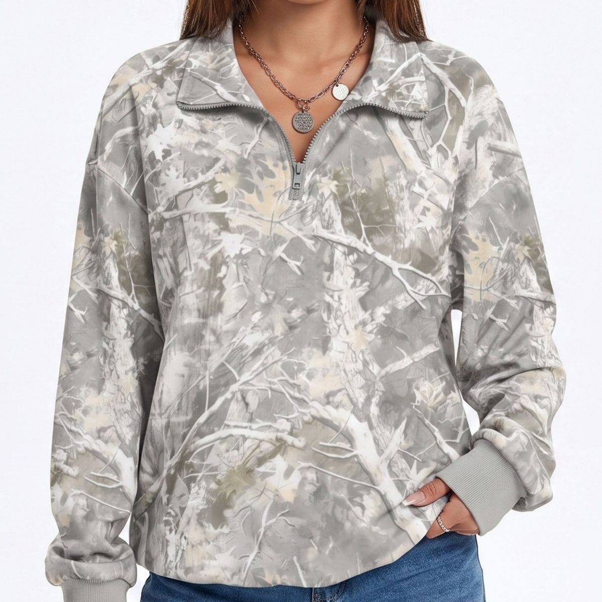 Camo Print Quarter Zip Long Sleeve Pullover Sweatshirt