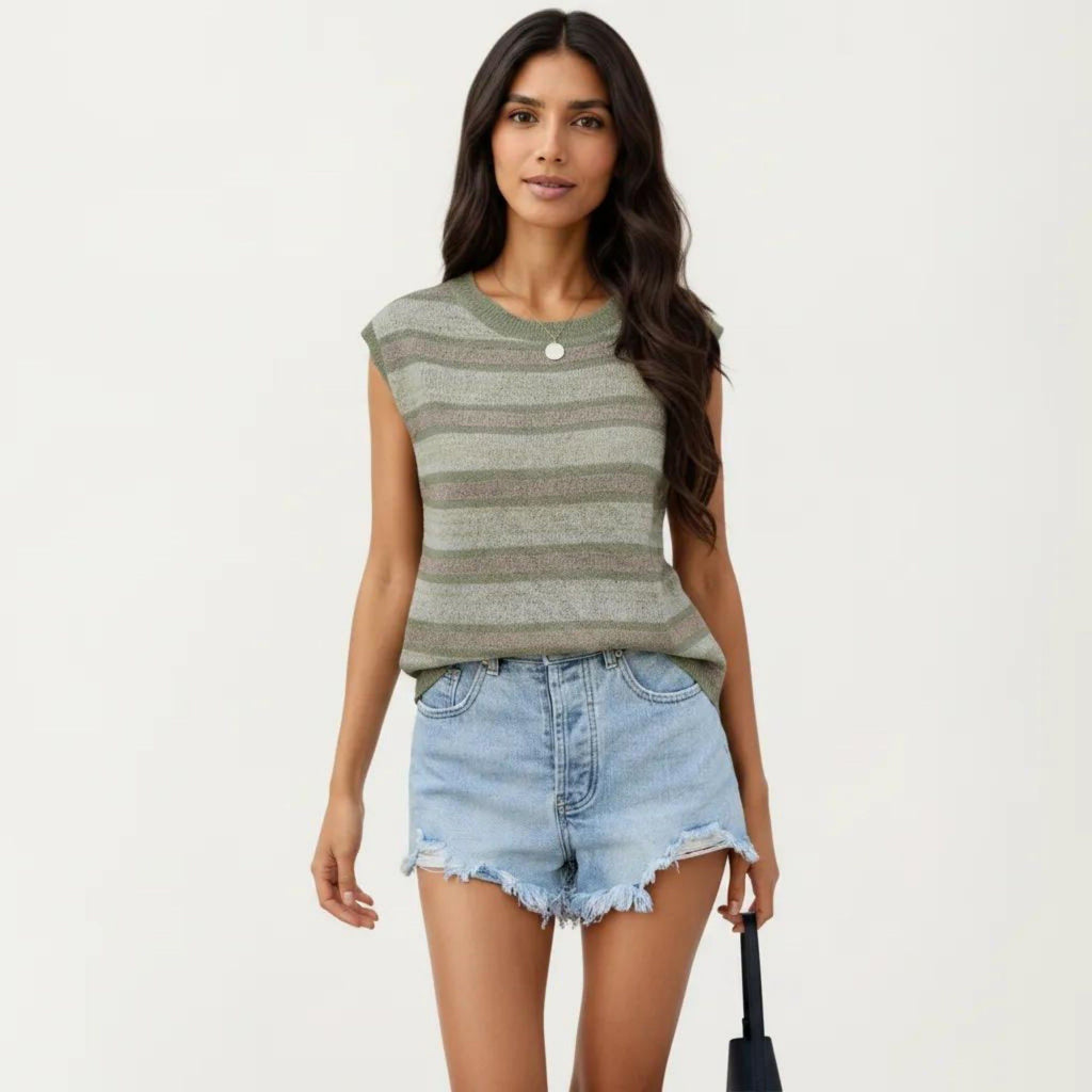 Anna-Kaci Women's Sleeveless Striped Knit Top with Shoulder Button Detail and Relaxed Fit