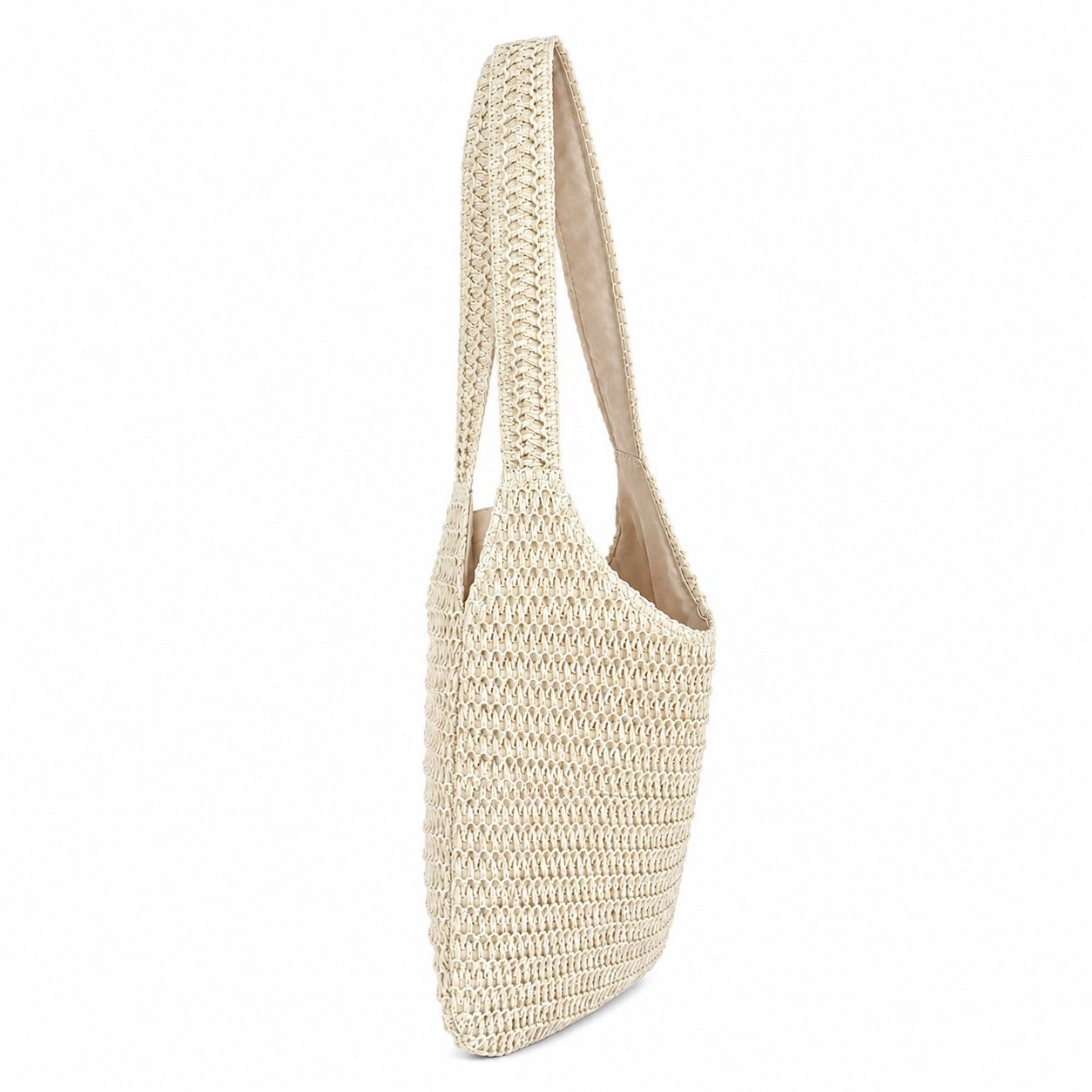Woven Straw Tote Bag Large Capacity Zip Top Shoulder Carryall with Interior Pocket