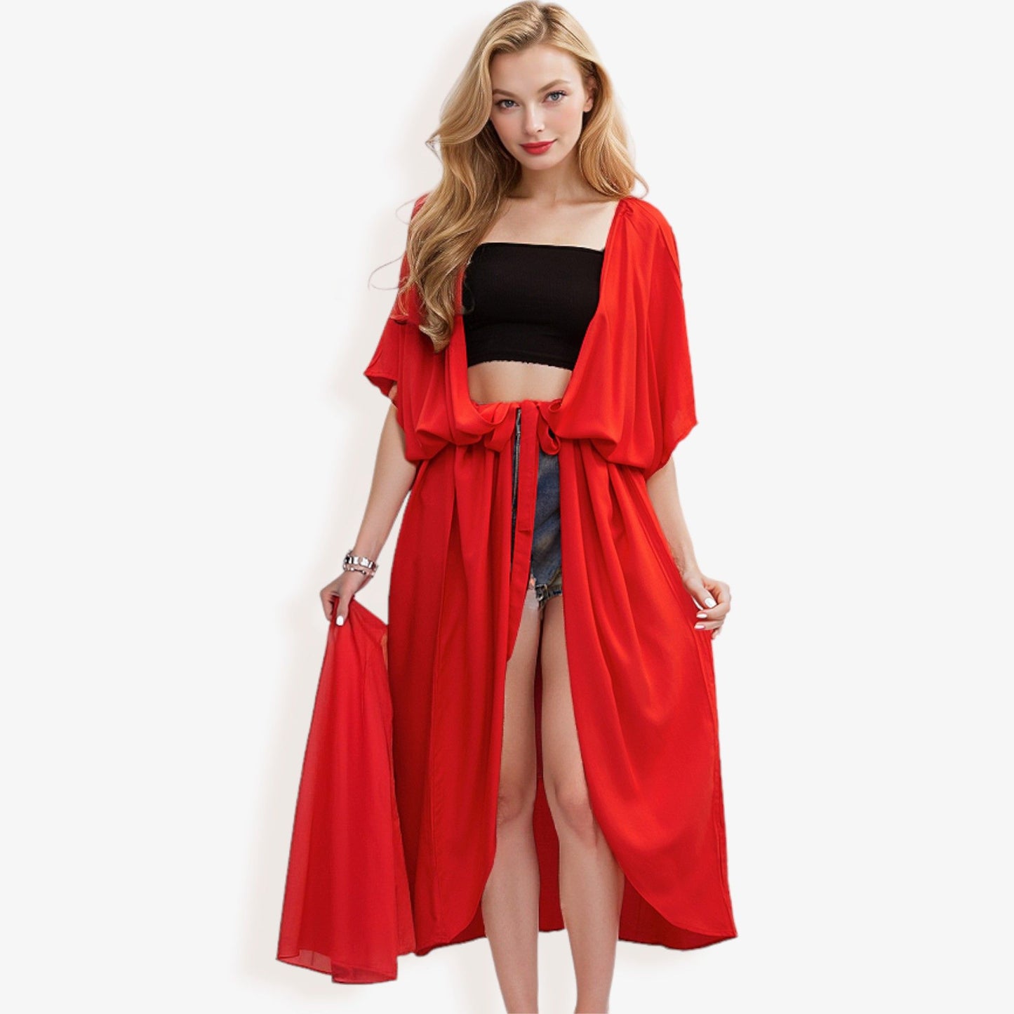 Flowy Kimono Cover-Up with Waist Tie and Open Front
