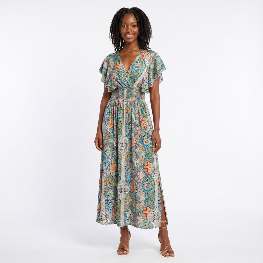 Paisley Print Maxi Dress with V Neck Flutter Sleeves Smocked Waist and Side Slit