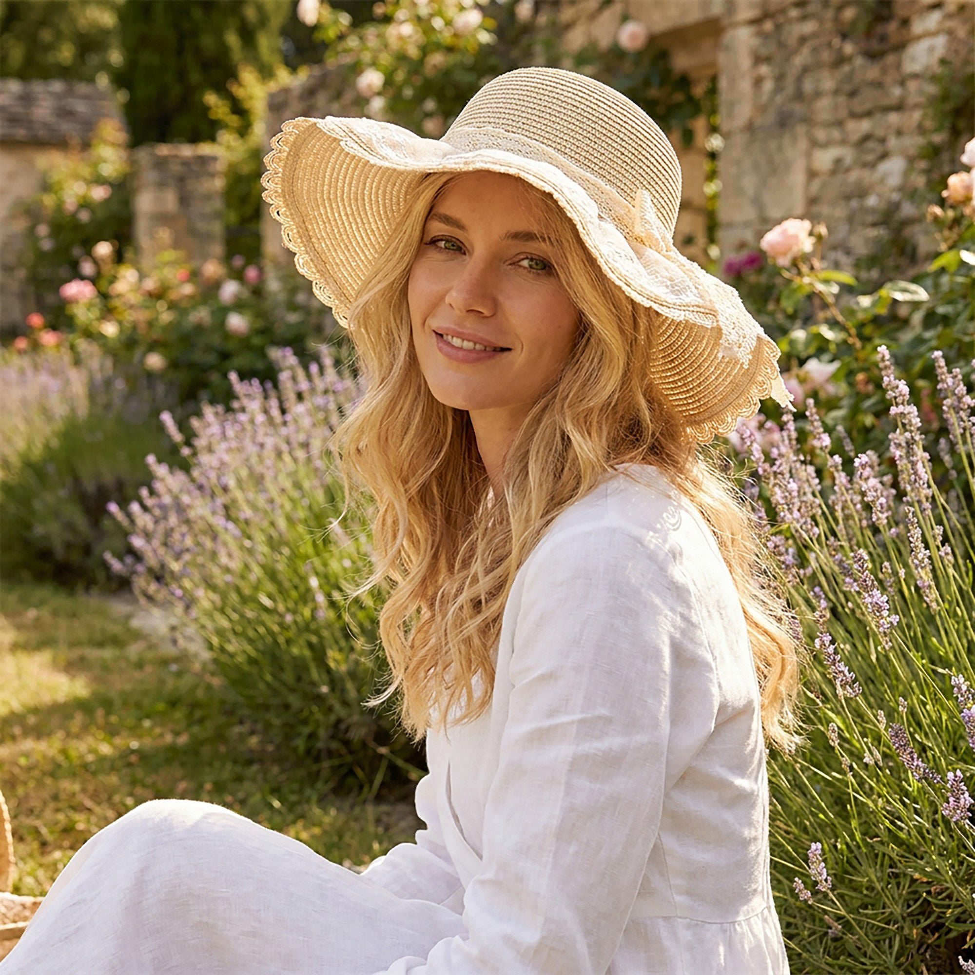 Wide Brim Straw Sun Hat with Sheer Lace Overlay Bow Accent and Scalloped Edge