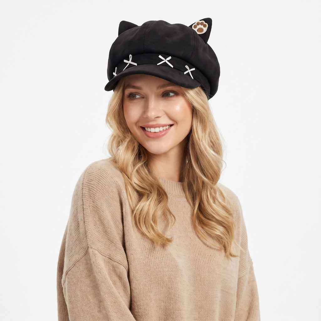 Cat Ear Newsboy Cap Cute Baker Boy Hat Bow Detail Short Brim Casual Style