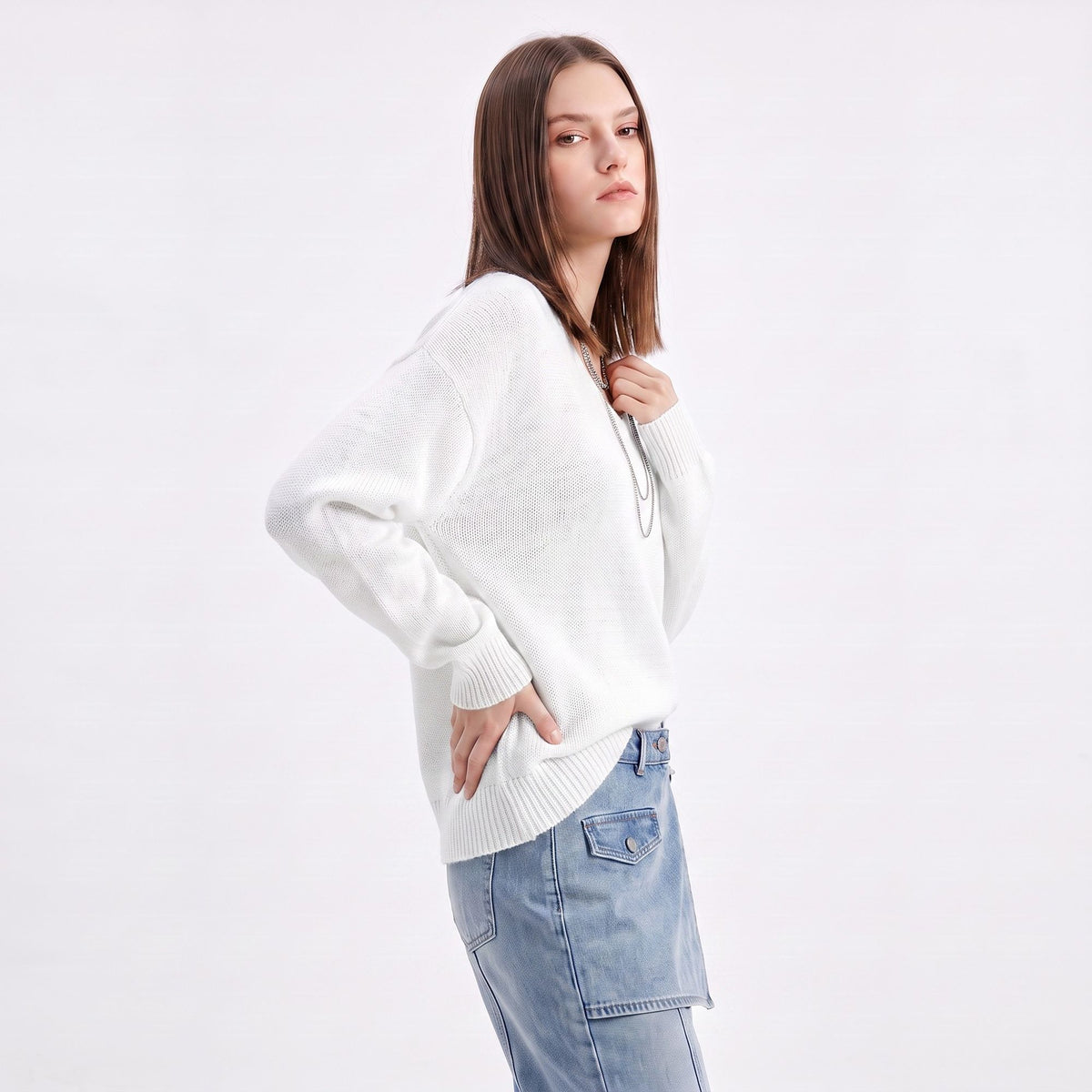 Oversized V Neck Longline Knit Pullover Sweater