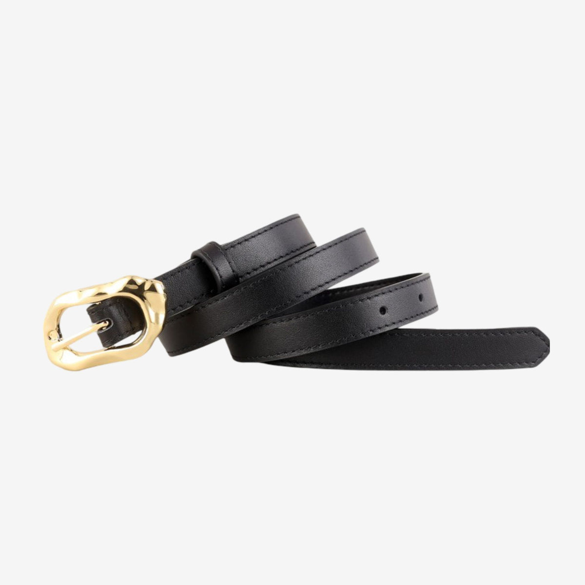 Genuine Leather Skinny Belt with Irregular Gold Tone Buckle 39.4in