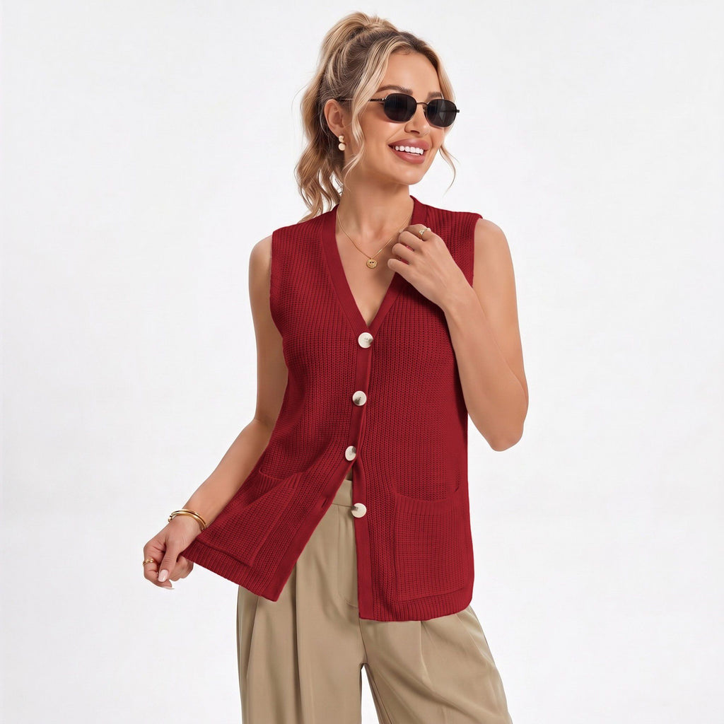 Anna-Kaci Women's Button Front Sweater Vest V Neck Sleeveless Knit Pocket Top