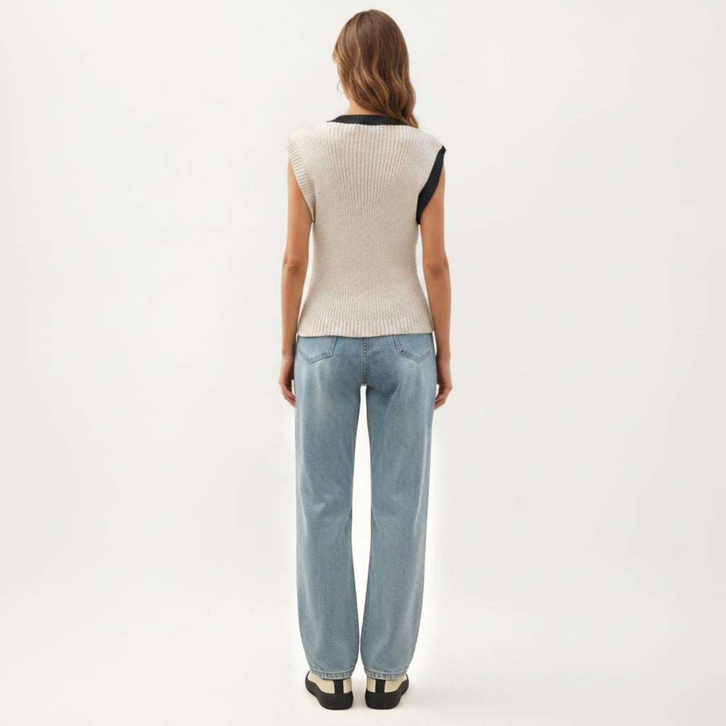 Anna-Kaci Women's Sleeveless Colorblock Knit Vest with Button Front and Ribbed Trim