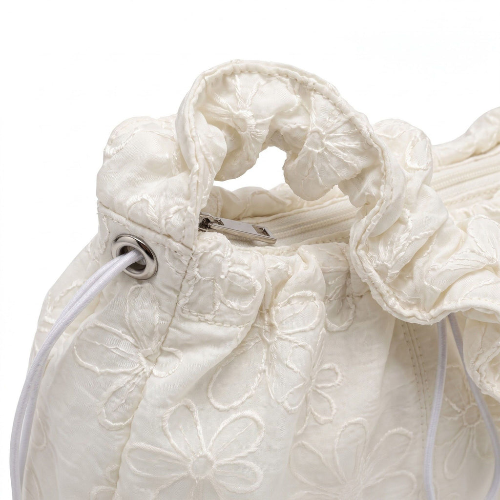 Floral Embroidered Ruched Shoulder Bag with Drawstring Closure 11x8.3x3in
