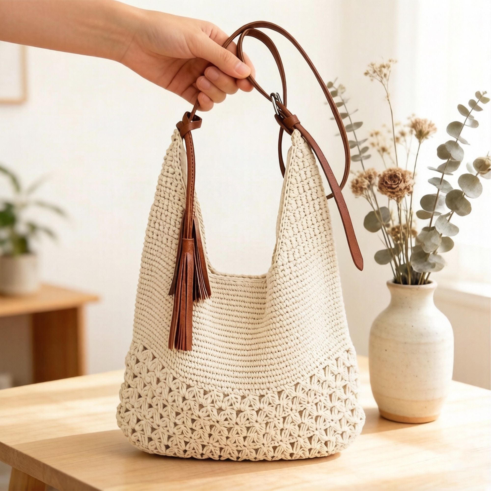 Crochet Hobo Shoulder Bag with Tassel Detail Adjustable Strap Slouchy Knit Handbag Lightweight Casual Tote