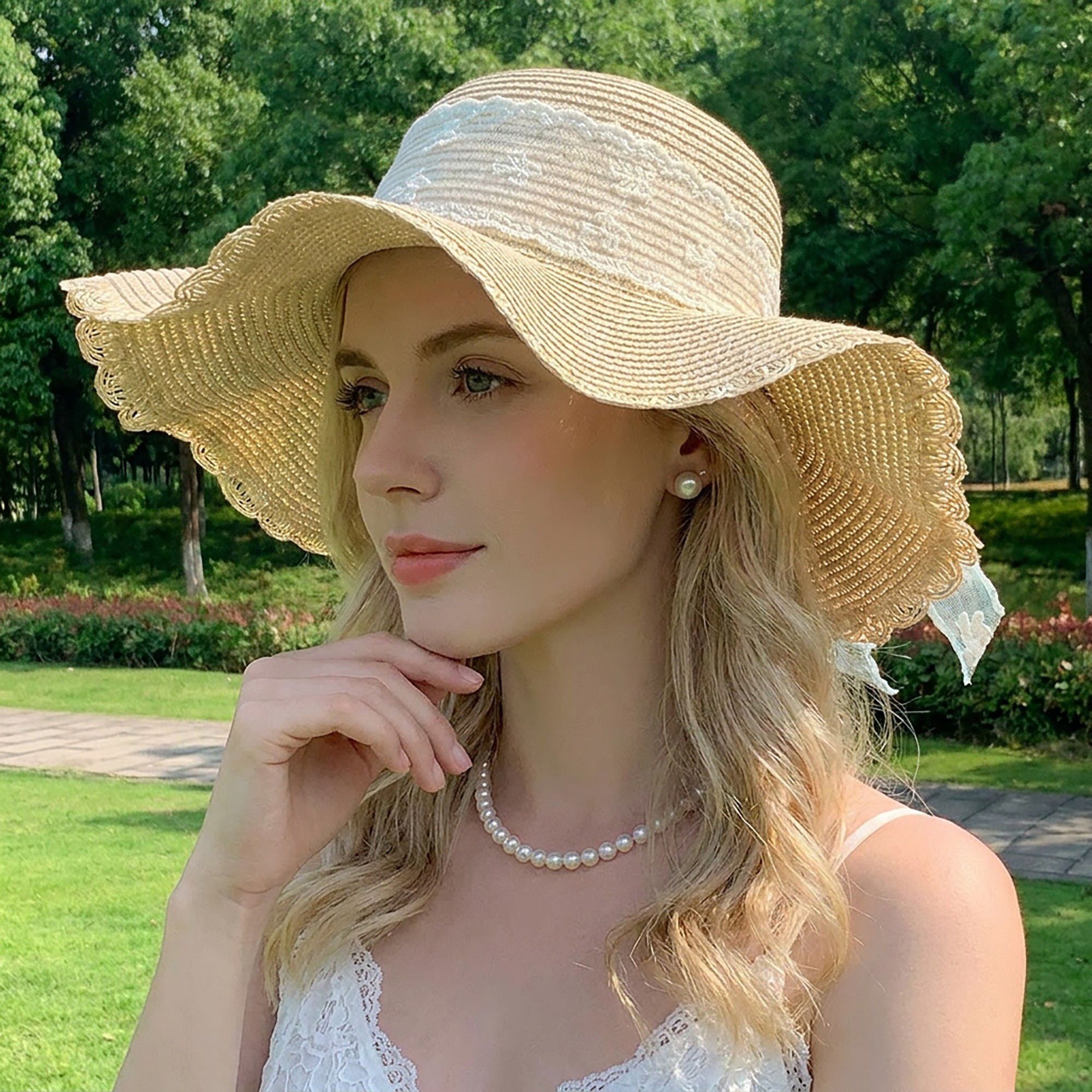 Wide Brim Straw Sun Hat with Scalloped Edge Lace Bow and Floral Accent