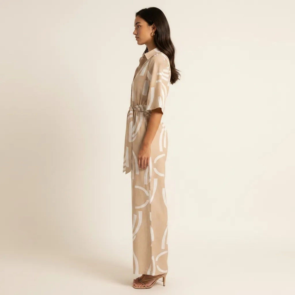 Anna-Kaci Women's Printed Wide Leg Jumpsuit Button Front Short Sleeve Tie Waist Relaxed Fit One Piece