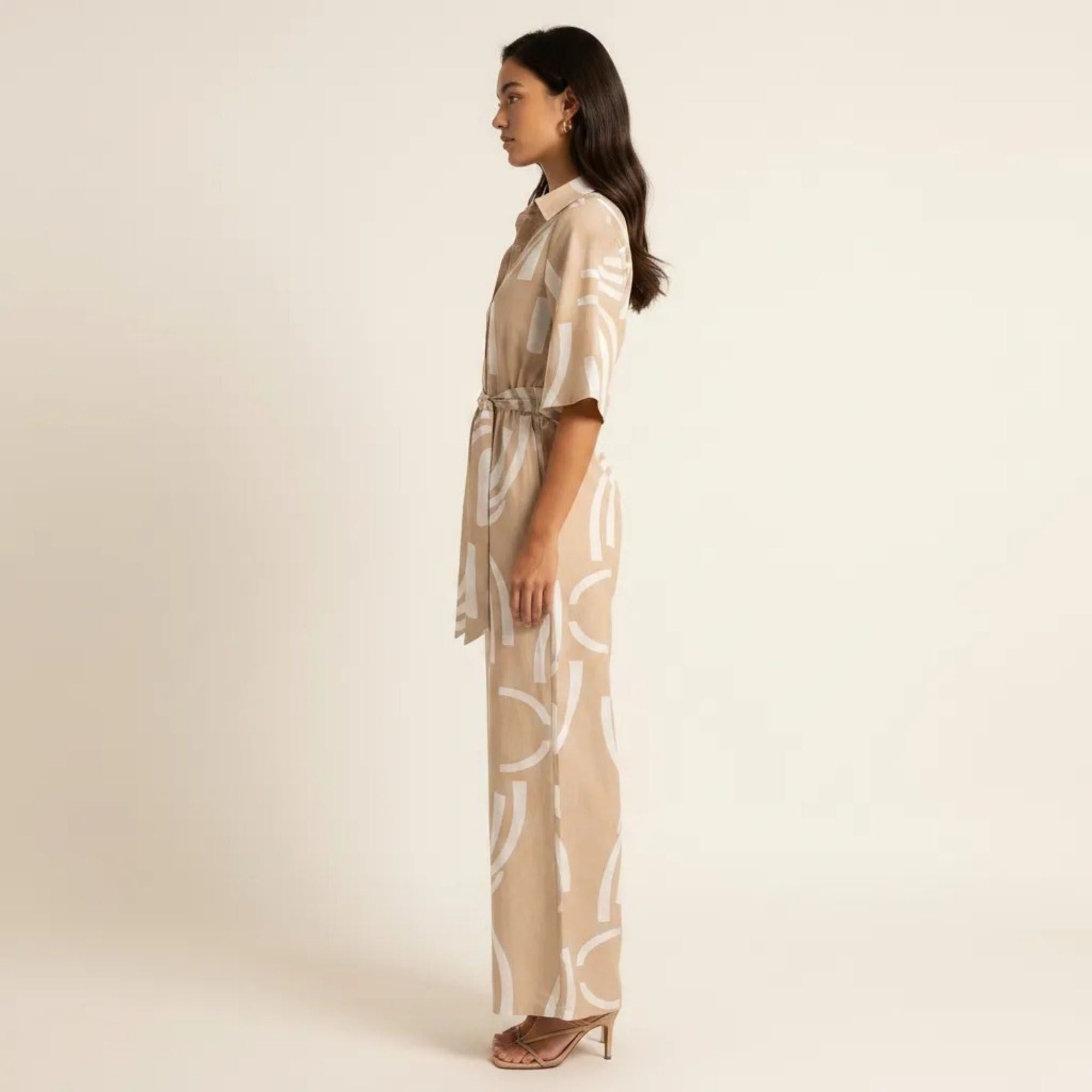 Anna-Kaci Women's Printed Wide Leg Jumpsuit Button Front Short Sleeve Tie Waist Relaxed Fit One Piece