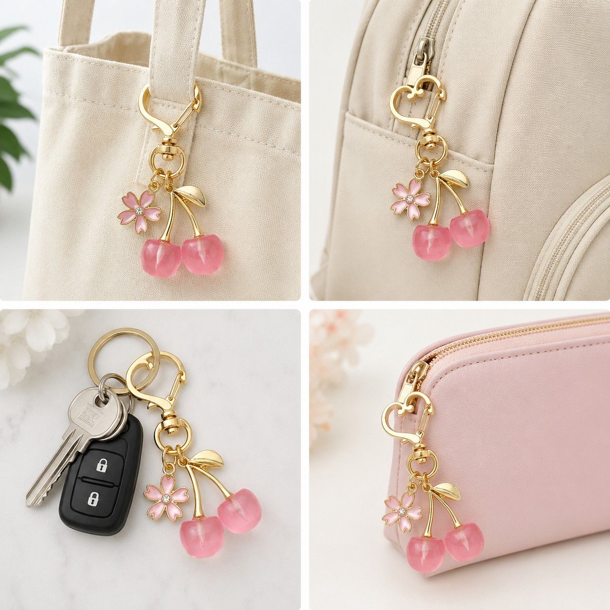2-Pack Translucent Cherry Bag Charm Keychains with Flower Accents and Gold-Tone Heart Clasps
