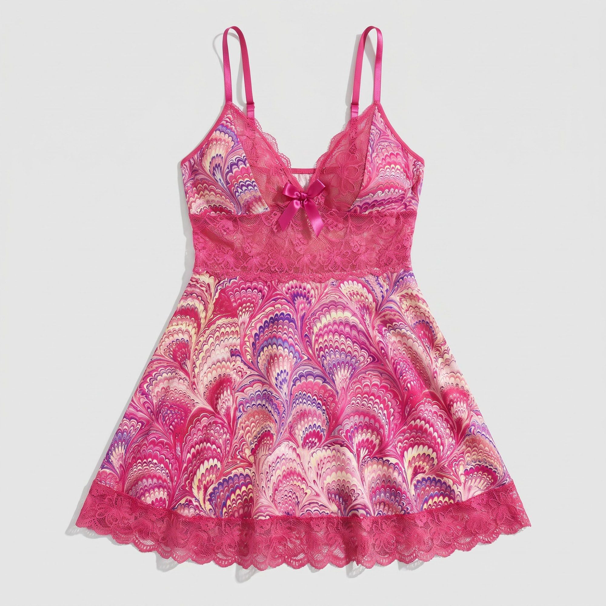 Printed Lace Trim Chemise Nightgown