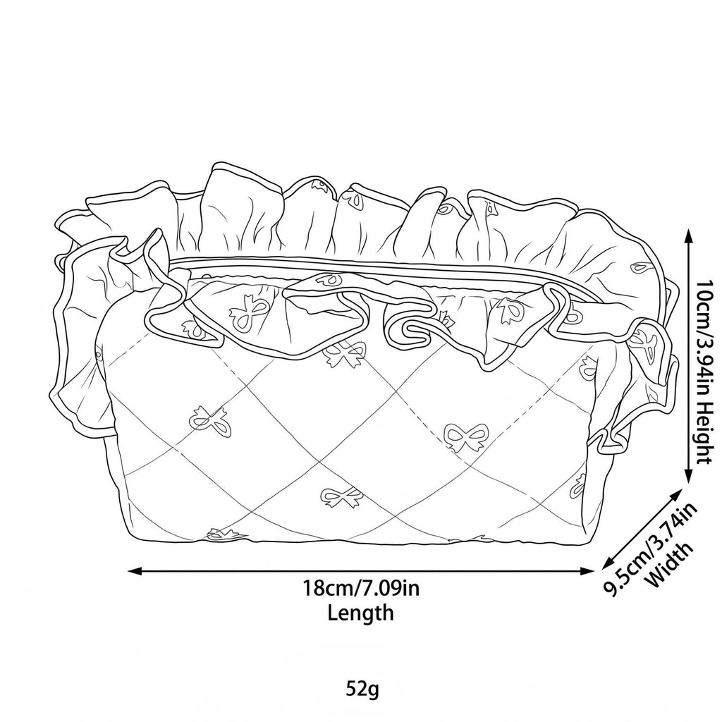 Womens Quilted Bow Print Cosmetic Bag with Ruffle Trim