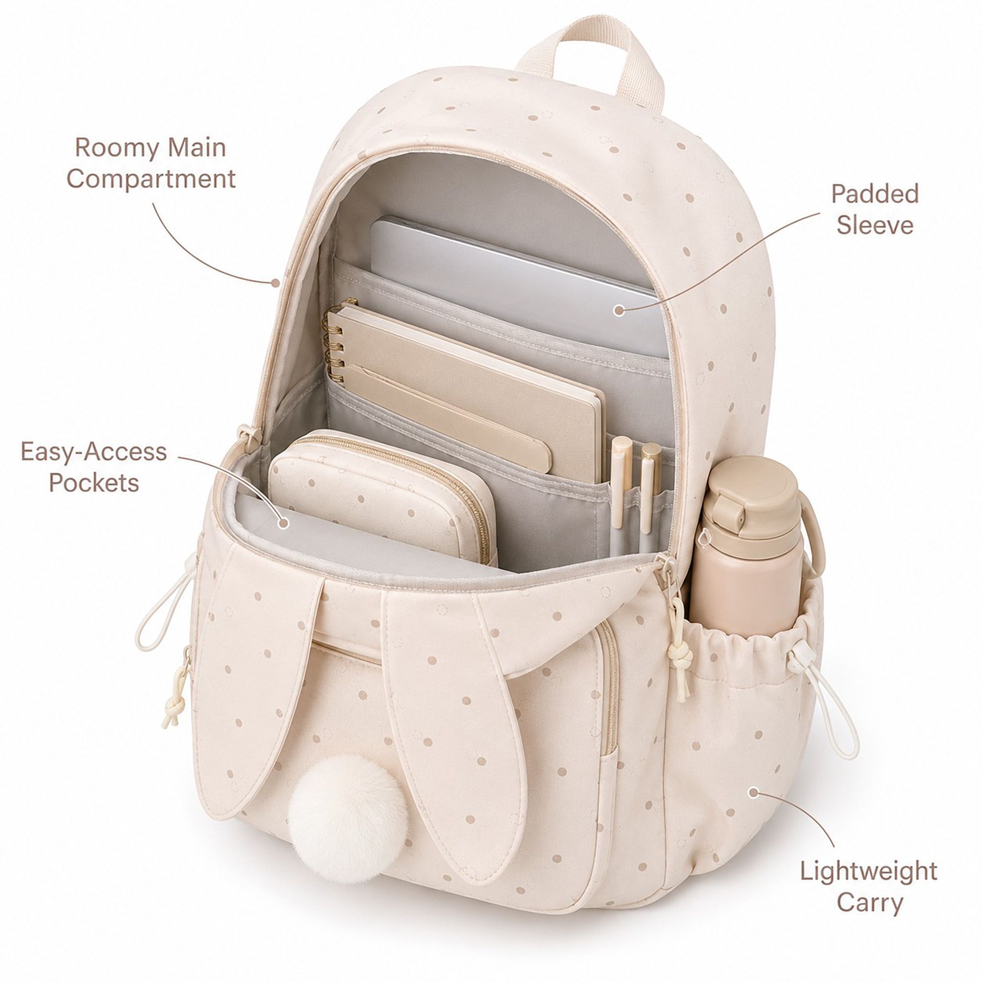 Bunny Ear Backpack with Pom Pom and Multiple Pockets