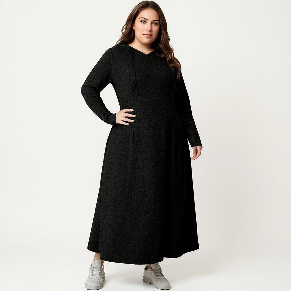 Anna-Kaci Women's Plus Size Long Sleeve Hooded Maxi Dress with Relaxed Fit Silhouette and Soft Flowy Hem