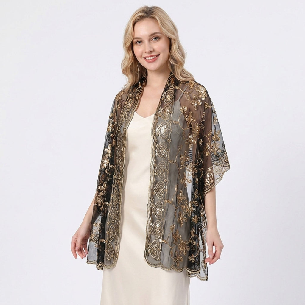 Sequin Shawl Wrap Sheer Mesh Evening Cover Up 75*23.5 Inches
