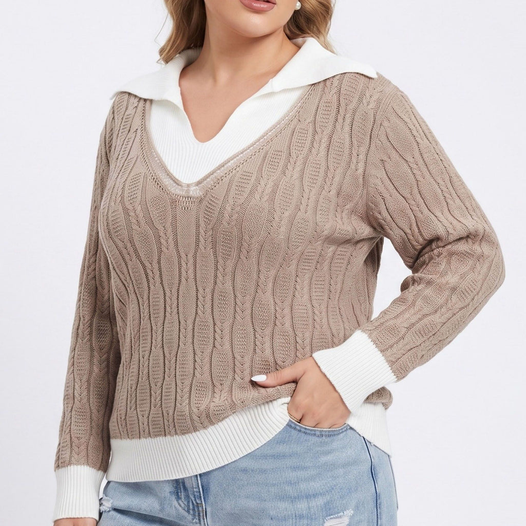 Plus Size Cable Knit Contrast Collar V-Neck Sweater