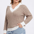 Plus Size Cable Knit Contrast Collar V-Neck Sweater