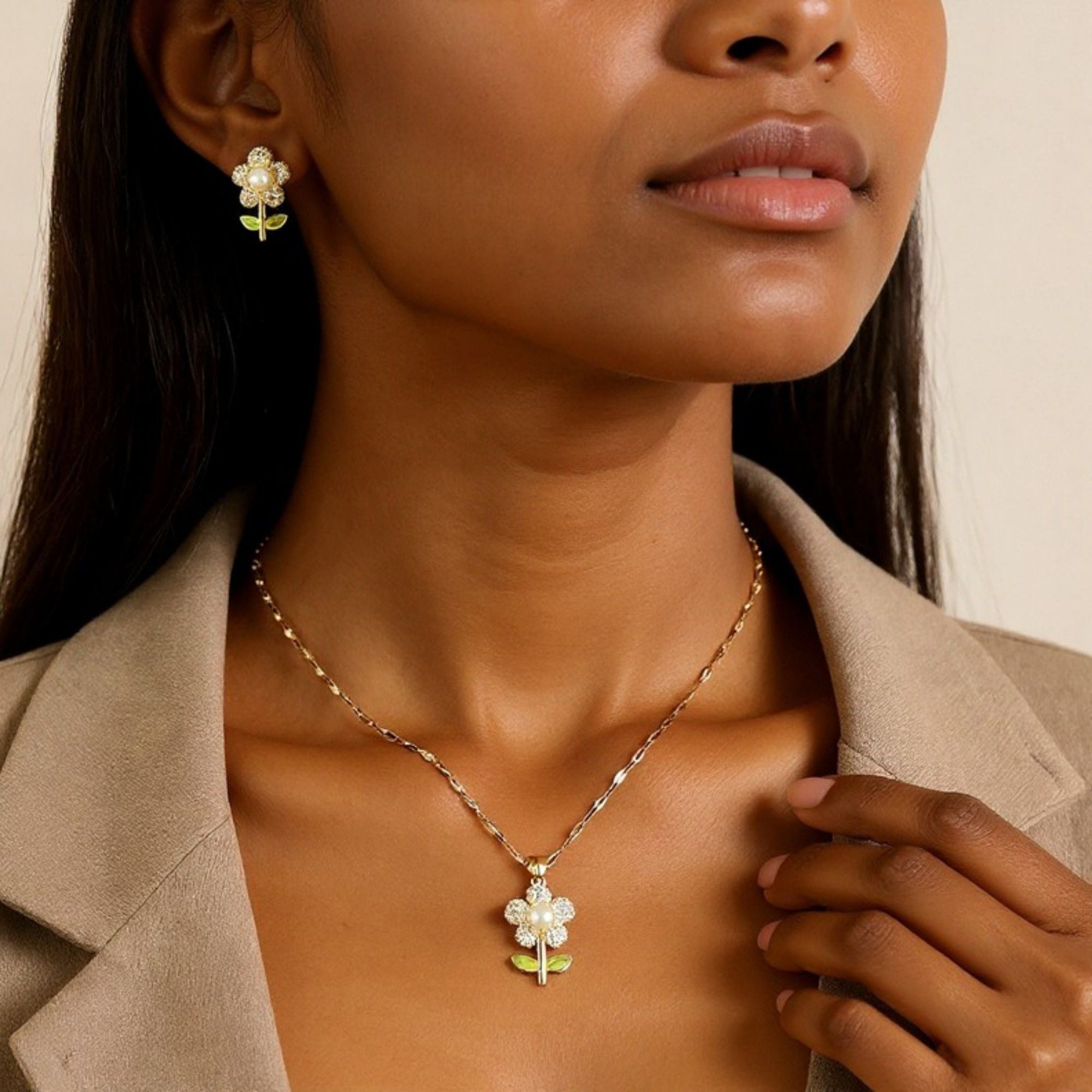 Women's Floral Necklace and Earring Set with Pearl Center and Crystal Petal Details 15.5+2in