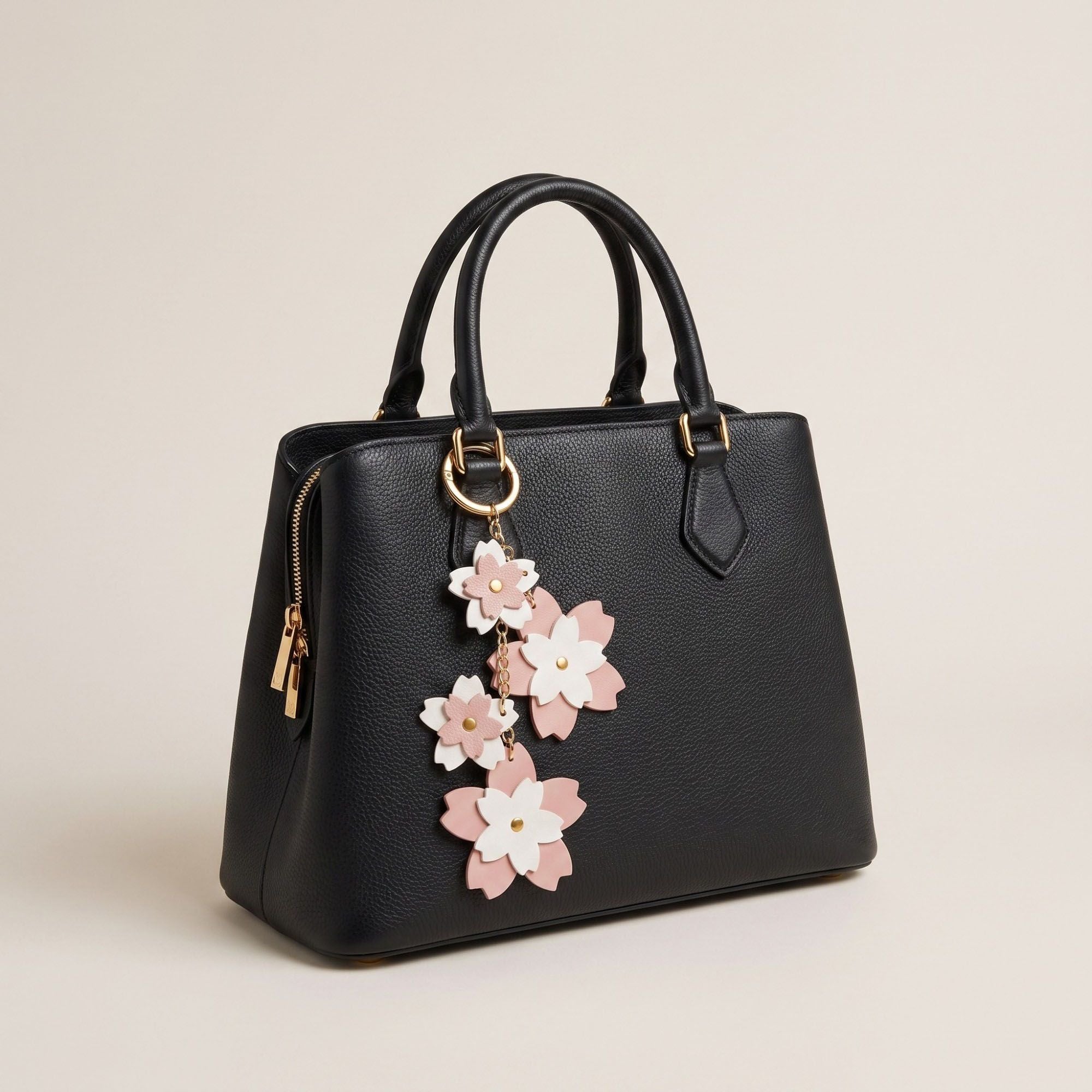 Cherry Blossom Bag Charm with Gold Tone Chain and Clip
