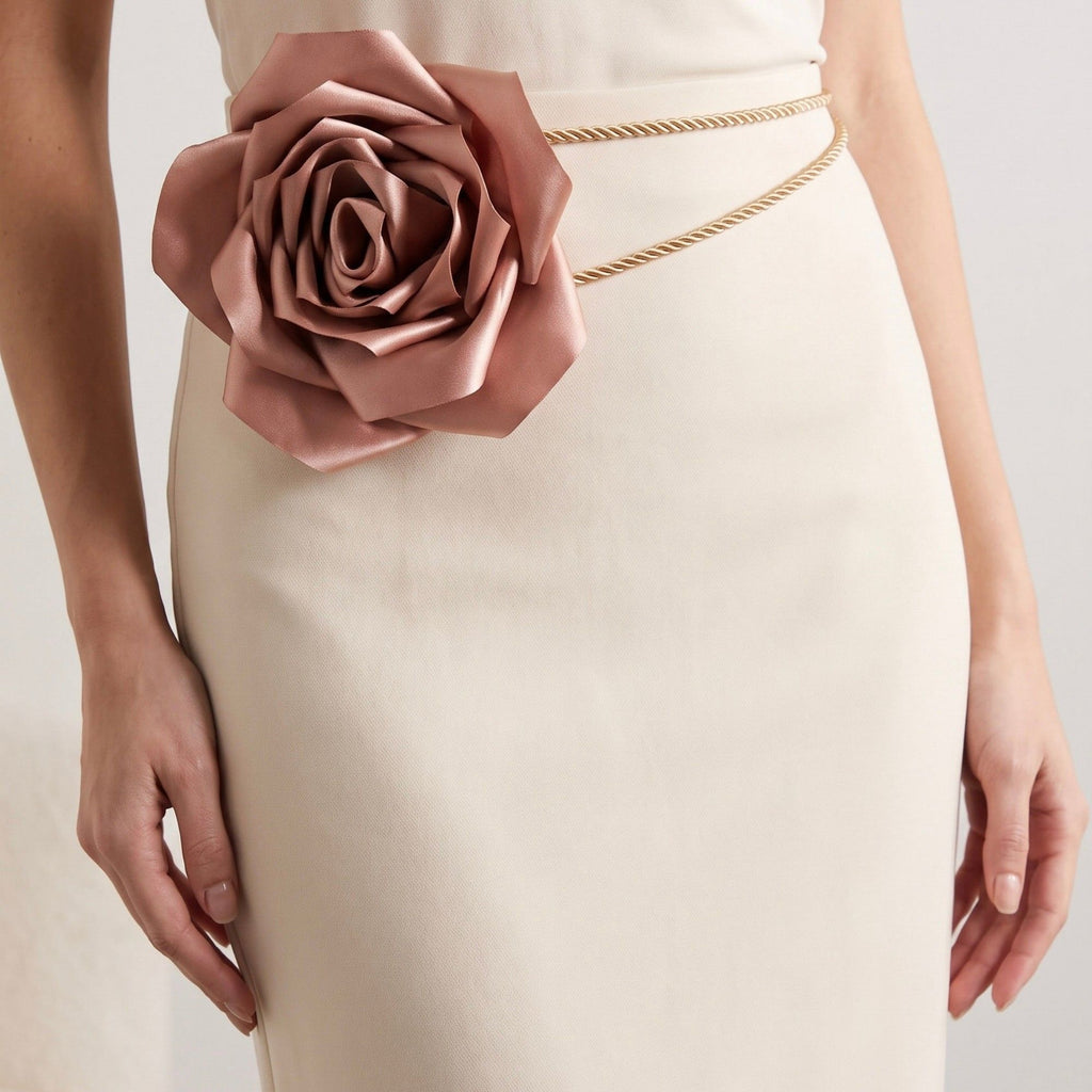 Single Satin Rose Fabric Wrap Waist Belt Adjustable Floral Statement Waist Jewelry 43.3in