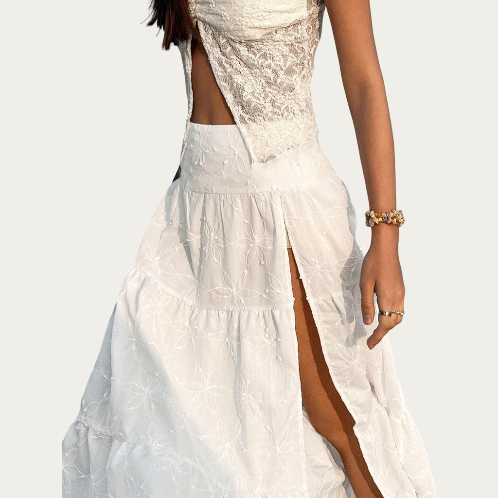 Anna-Kaci Women's Embroidered Floral Tiered Maxi Skirt with Side Slit