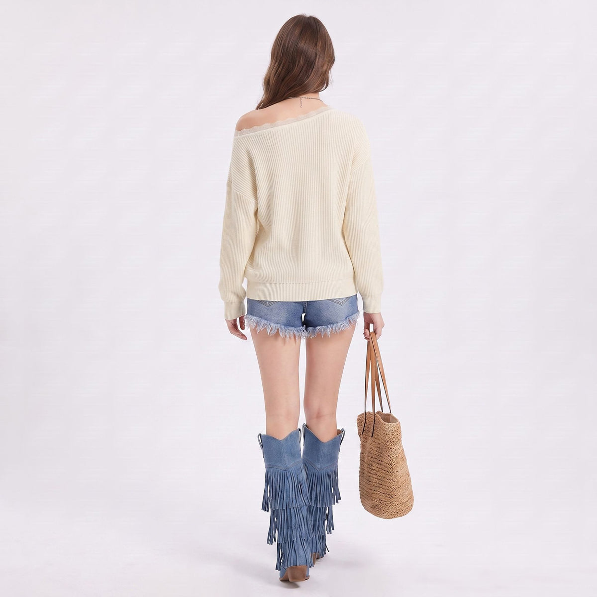 Lace Trim V Neck Long Sleeve Knit Pullover Sweater