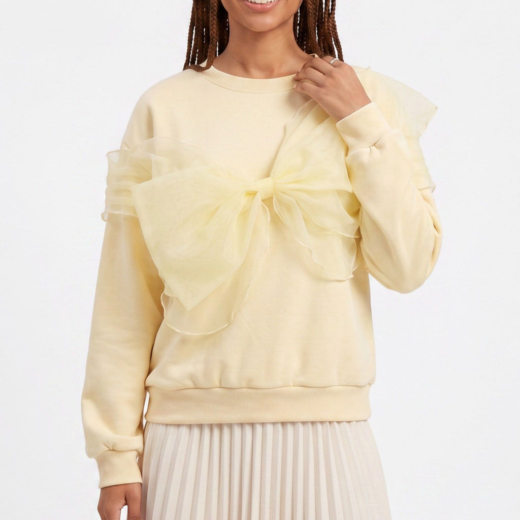 Crewneck Sweatshirt Oversized Sheer Bow Detail Long Sleeve Relaxed Fit