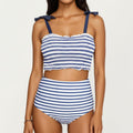 Anna-Kaci Swim Women's Maternity Striped Smocked Bikini Set with Tie-Shoulder Top and High-Waisted Bottom