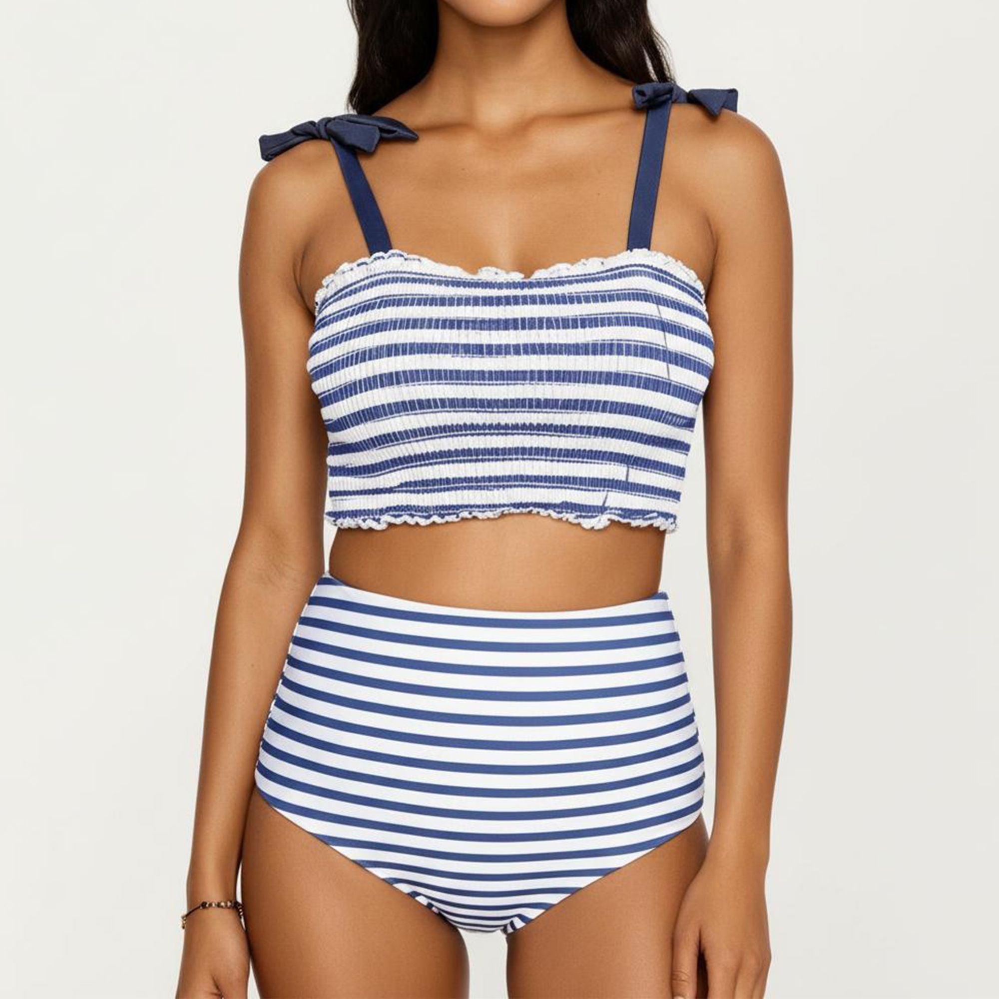 Anna-Kaci Swim Women's Maternity Striped Smocked Bikini Set with Tie-Shoulder Top and High-Waisted Bottom