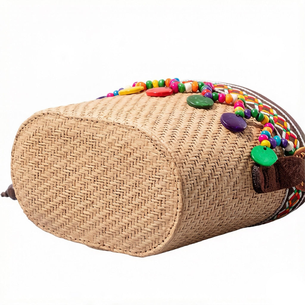 Woven Straw Mini Crossbody Bag with Tassel Detail Drawstring Closure Small Cylinder Handbag