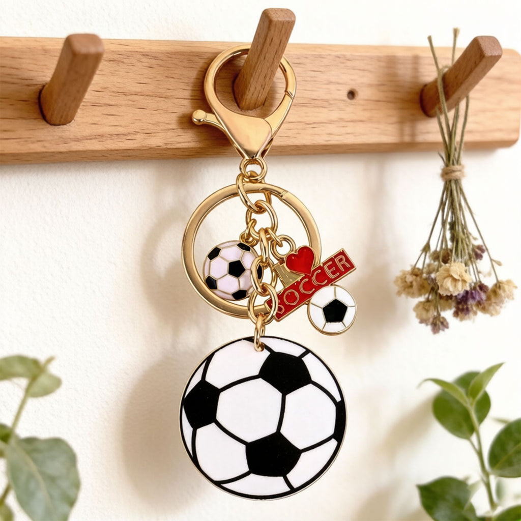 2 Pack Sports Ball Keychains with Gold Tone Clip Ring and Charm Accents