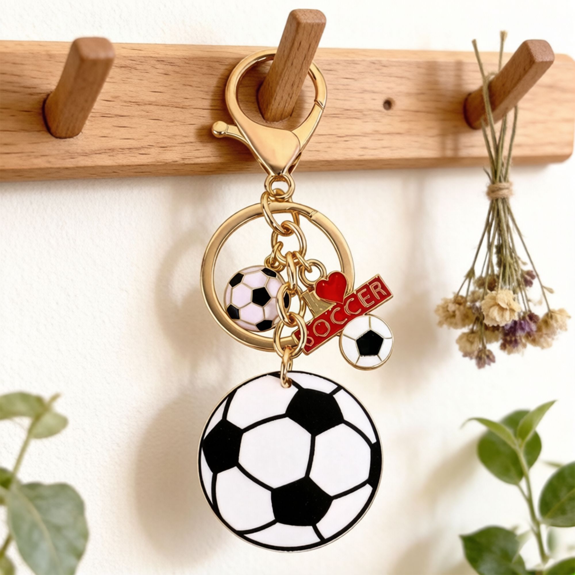 2 Pack Sports Ball Keychains with Gold Tone Clip Ring and Charm Accents