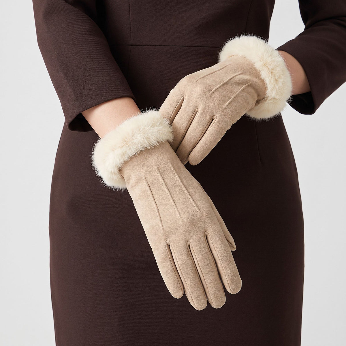 Faux Fur Cuff Full Finger Gloves with Soft Suede Like Finish