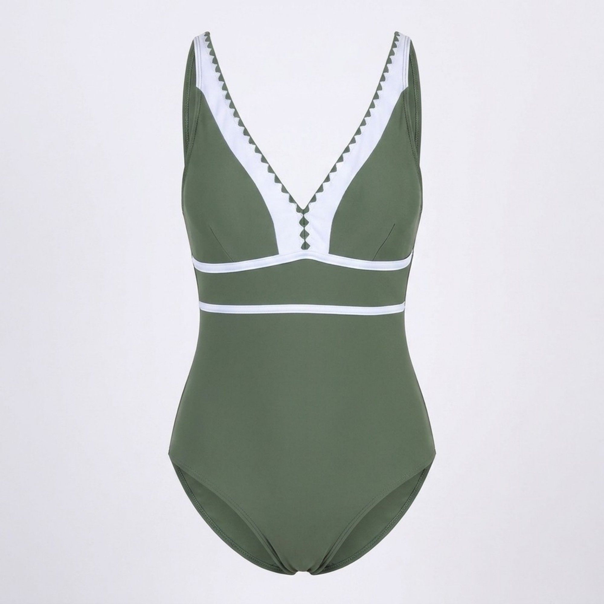 Anna-Kaci Swim Womens One Piece Swimsuit with V Neck Contrast Trim Scallop Detail and Adjustable Crisscross Straps