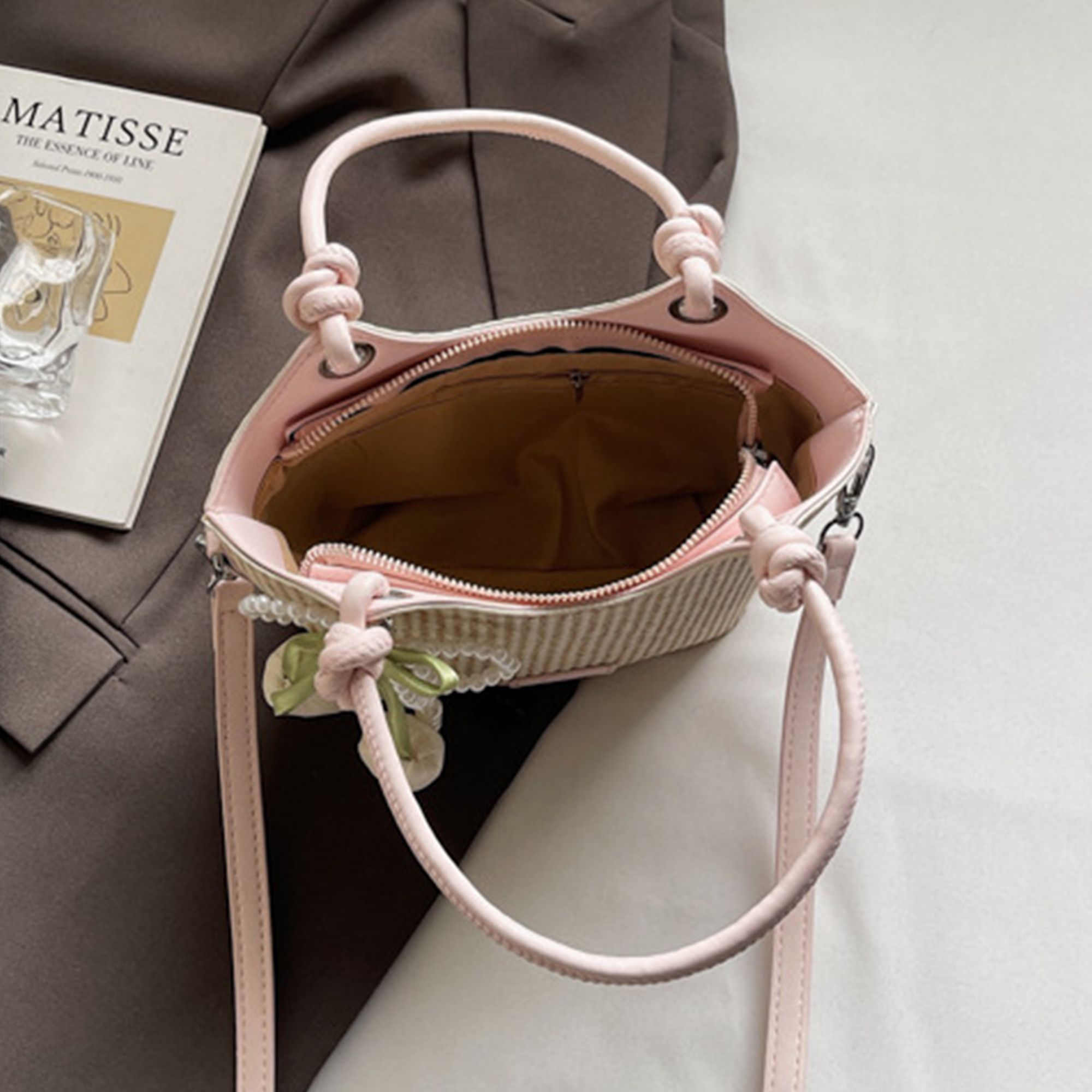 Women's Woven Mini Tote Crossbody Bag with Pearl Bow Charm and Strap