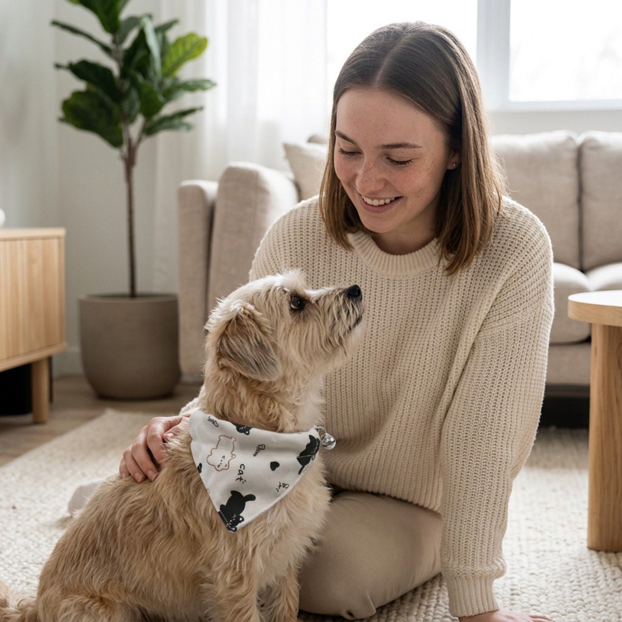 Pet Cat and Dog Bandana Collar with Bell Adjustable Cartoon Cat Print Scarf Bib